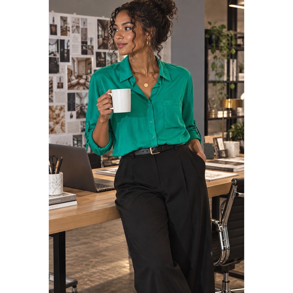 Creative Commune emerald silk crop split back work top cool comfort fall layers